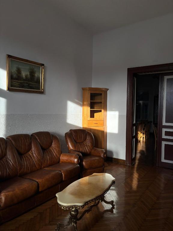 a living room with a leather couch and a coffee table at Conacul Maria in Ocna-Mureşului
