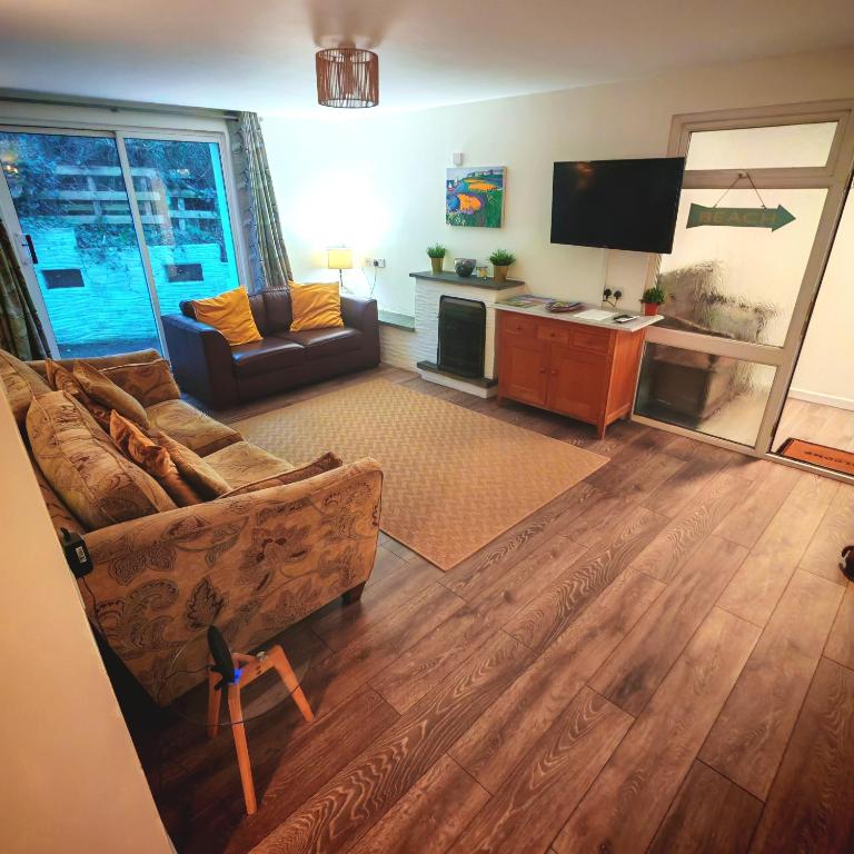 a living room with a couch and a flat screen tv at Treforgan Newydd in Cardigan