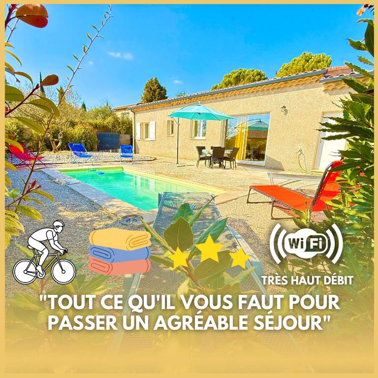 a advertisement for a house with a swimming pool at Villa Santa - Piscine - Wifi - Proche Ventoux - idéal Cyclistes in Mormoiron