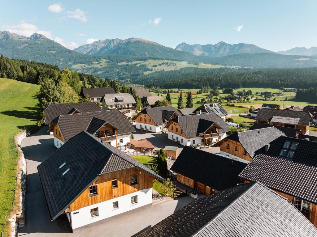 an aerial view of a village with houses and mountains at Feriendorf Edelweiss in Mariapfarr