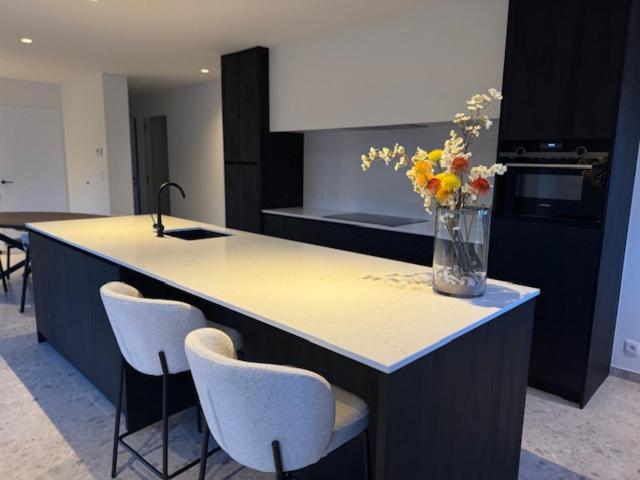 a kitchen with a counter with a vase of flowers on it at The Corner-MARGO in Beernem