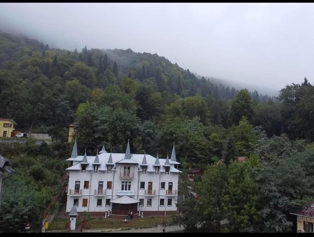 a large white house in front of a mountain at Hotel Eurosan in Slănic-Moldova