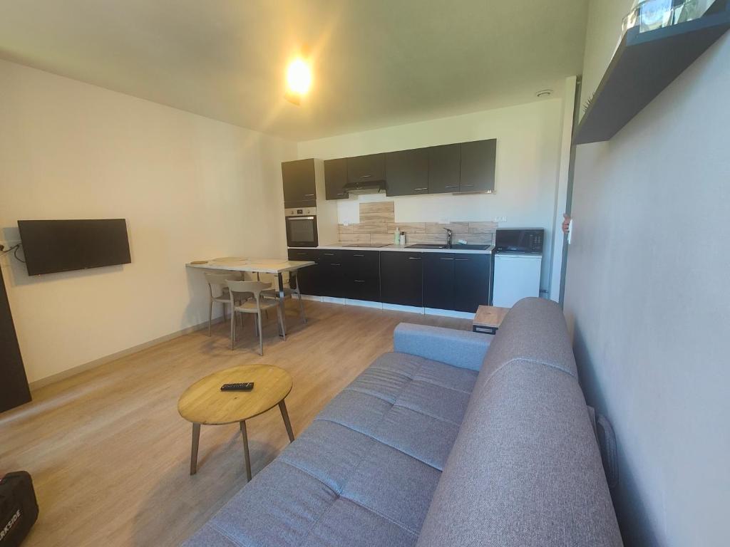 a living room with a couch and a table at La Clé des Vignes 1 in Roye