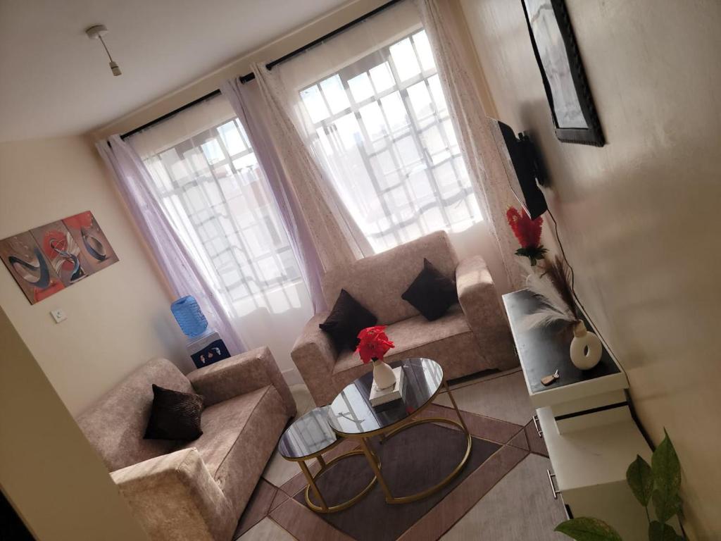 a living room with a couch and two windows at Serenity Homes in Gatunga