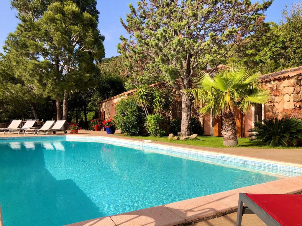 a swimming pool in a yard with chairs and trees at Casa Matteu in Figari