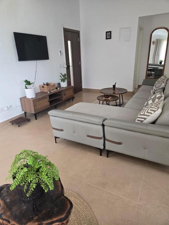 a living room with a large couch and a tv at Paida Moyo Ocean Breeze Apartment in Zanzibar City