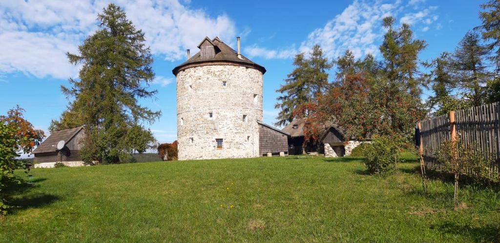 an old stone tower on a green field at Chalet Němčice in Němčice