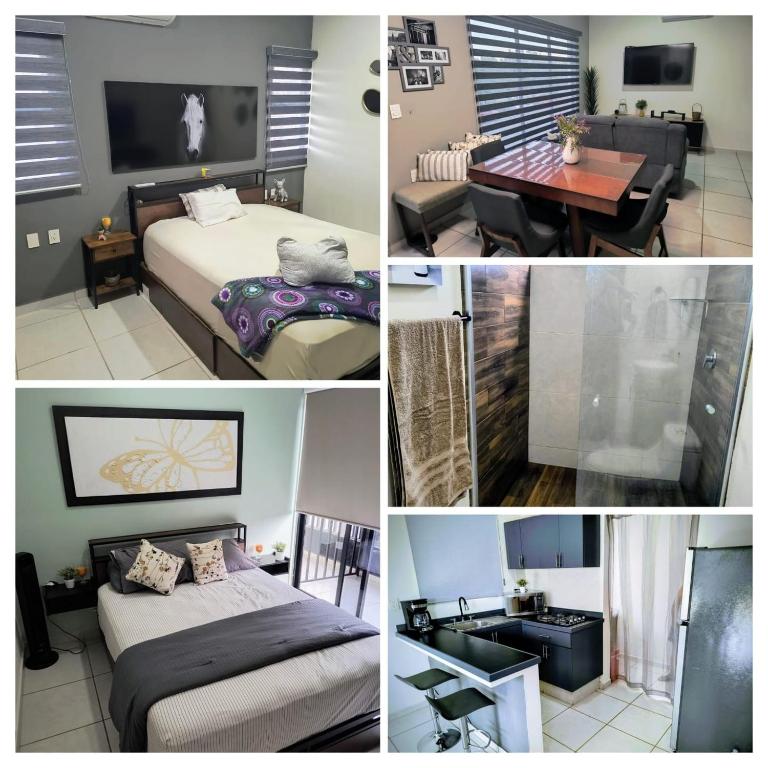 a collage of four pictures of a bedroom at Depa Colón in Mazatlán