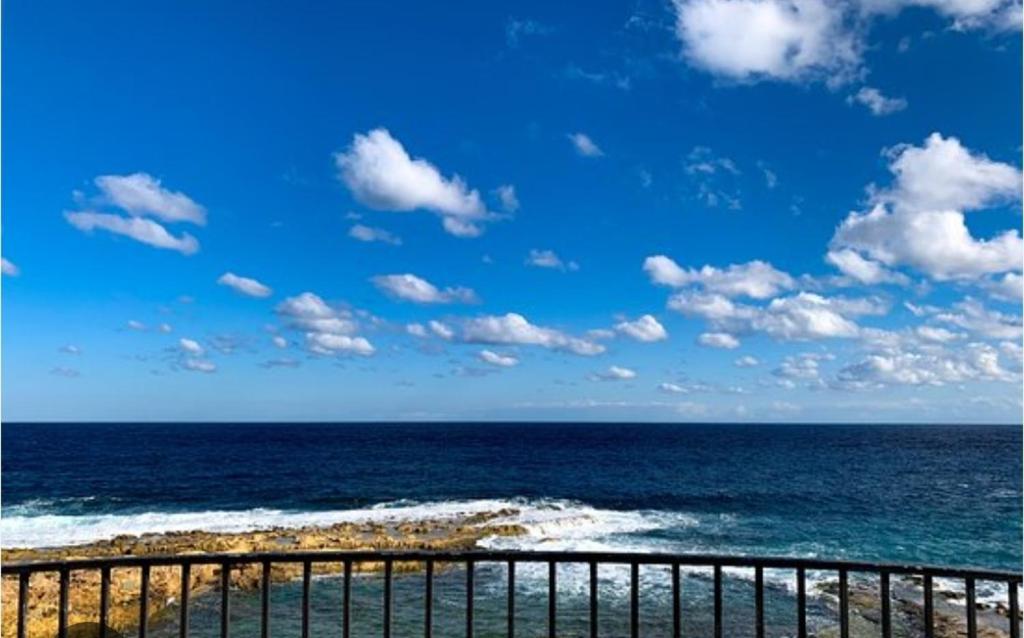 a view of the ocean from a beach with a fence at Blue bay Sliema in Sliema