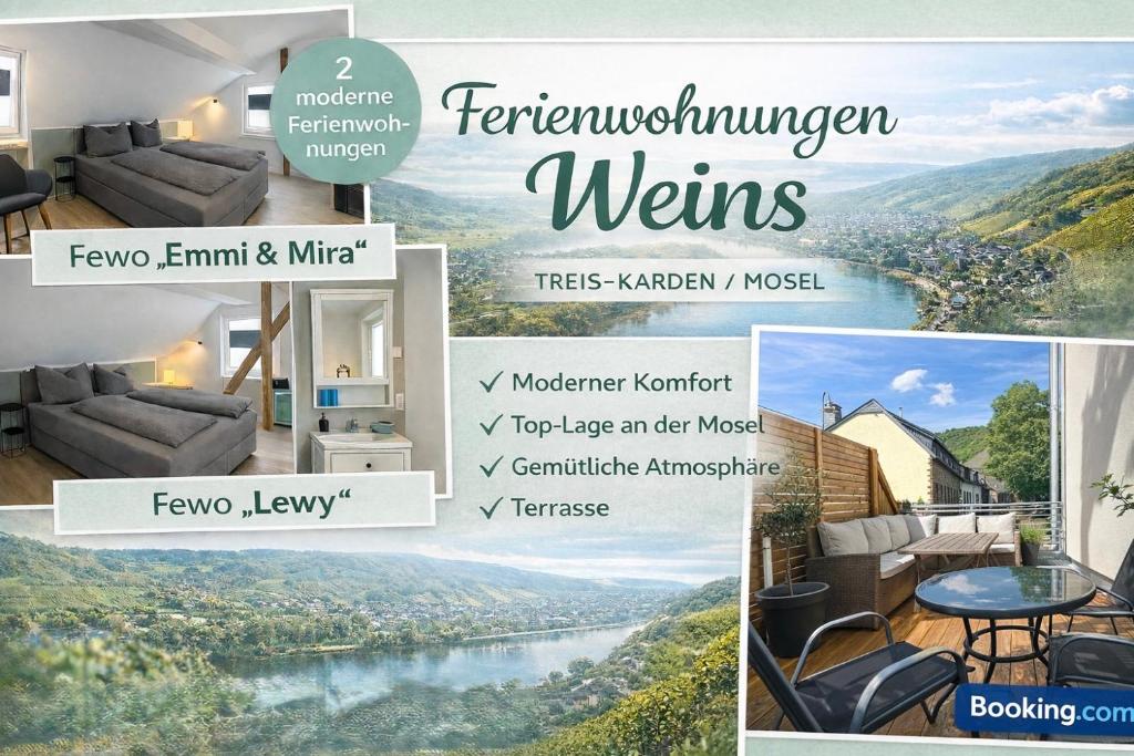 a collage of pictures of a living room with a view of a river at Ferienwohnung Weins in Treis-Karden