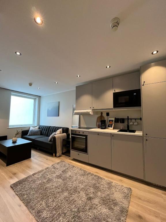 a living room with a couch and a kitchen at Affordable Luxury Apt - Hotel Vibe - Heart of Voss in Vossevangen