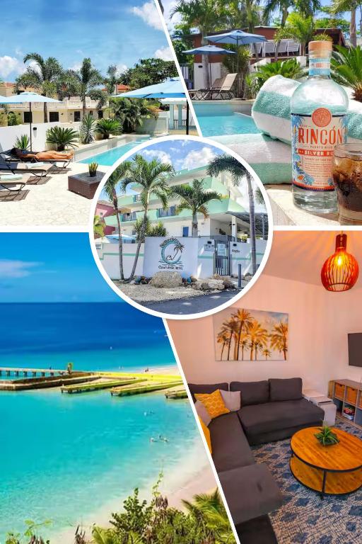 eine Fotocollage eines Resorts mit Pool in der Unterkunft Casa Verde Hotel - Steps to the Beach, Pool, Restaurant & Bar in Rincon