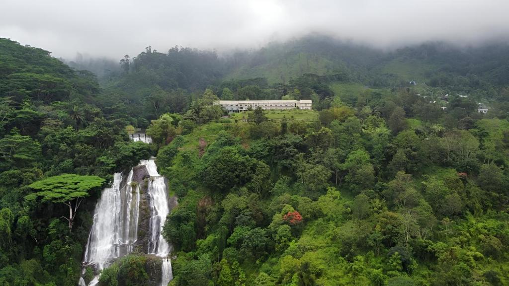 a waterfall in the middle of a forest at Hunas Falls in Kandy