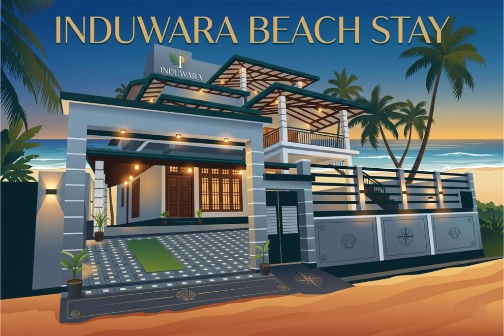 a house on the beach with the words induna beach stay at Induwara Beach Stay Thalalla in Delgalla