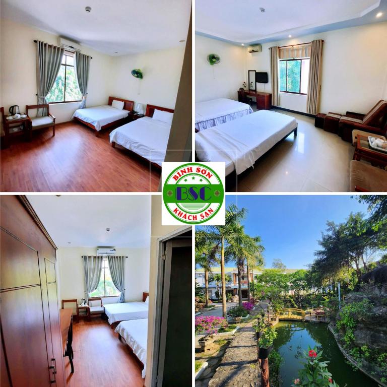 a collage of four pictures of a hotel room at Bình Sơn Hotel - Khách sạn tại Dung Quất in Bình Sơn