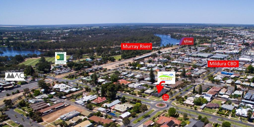 an aerial view of a city with buildings at Mildura Holiday Apartments in Mildura
