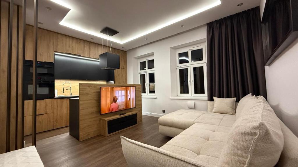 a living room with a couch and a tv at Apartament GreenHills 3 in Wałbrzych