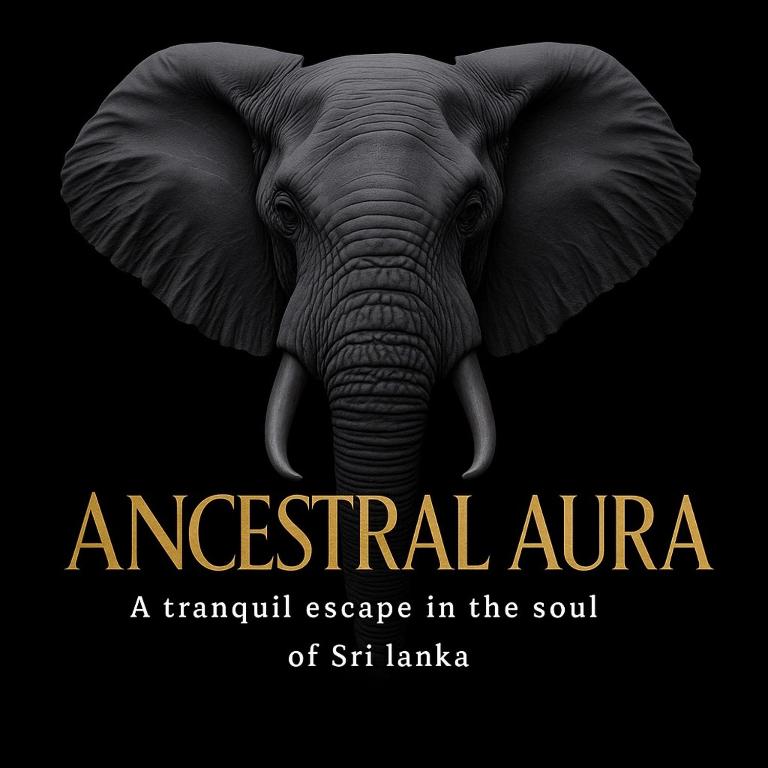 an elephant with tusks and the words ancestral africa at Ancestral Aura in Negombo