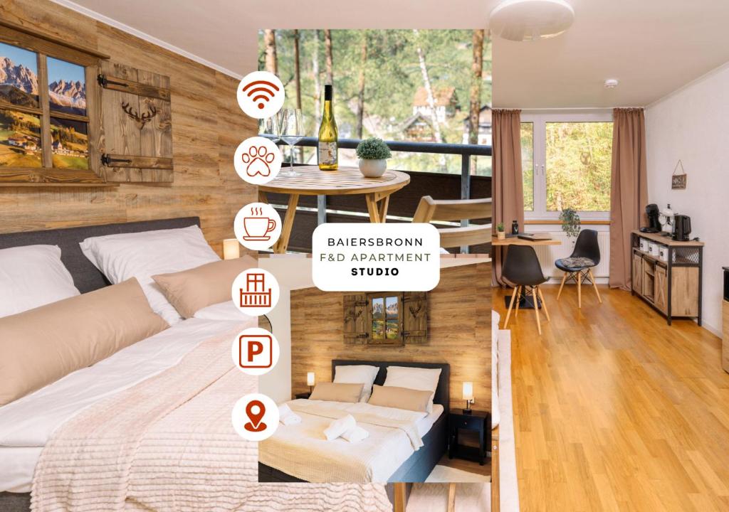 a bedroom with a bed and a dining room with a table at Schwarzwald-Flair mit Naturblick & Balkon in Baiersbronn