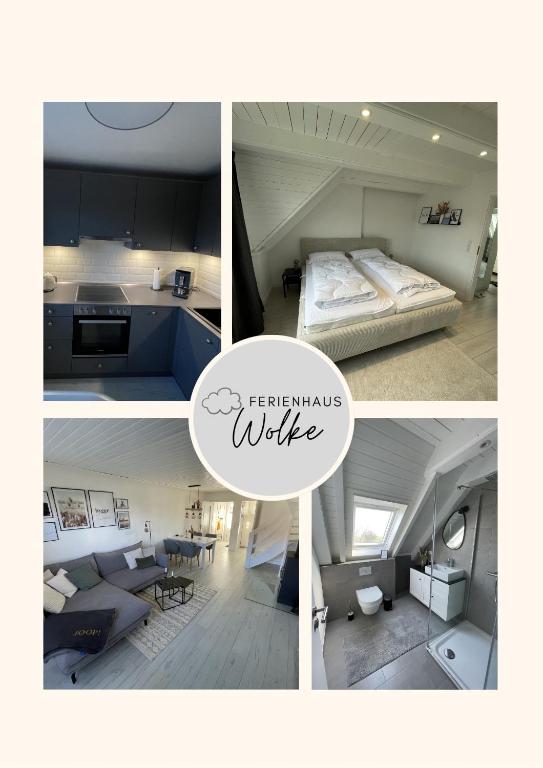 a collage of four pictures of a bedroom and a kitchen at Nordseetraum - Ferienhaus Wolke in Friedrichskoog
