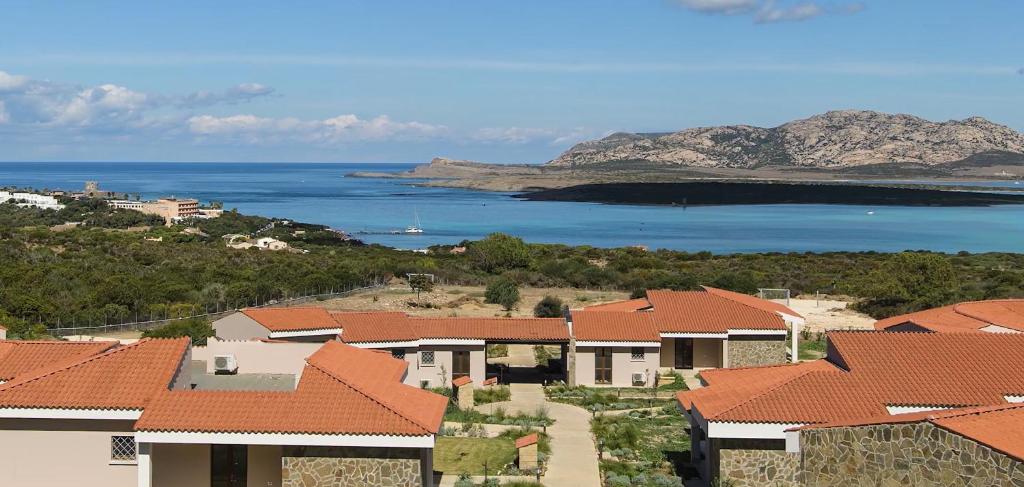 an aerial view of a town with houses and the ocean at Hotel Baia Tartuga in Stintino