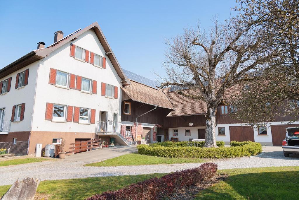 a white house with a tree in front of it at Haus Zapf in Kressbronn am Bodensee