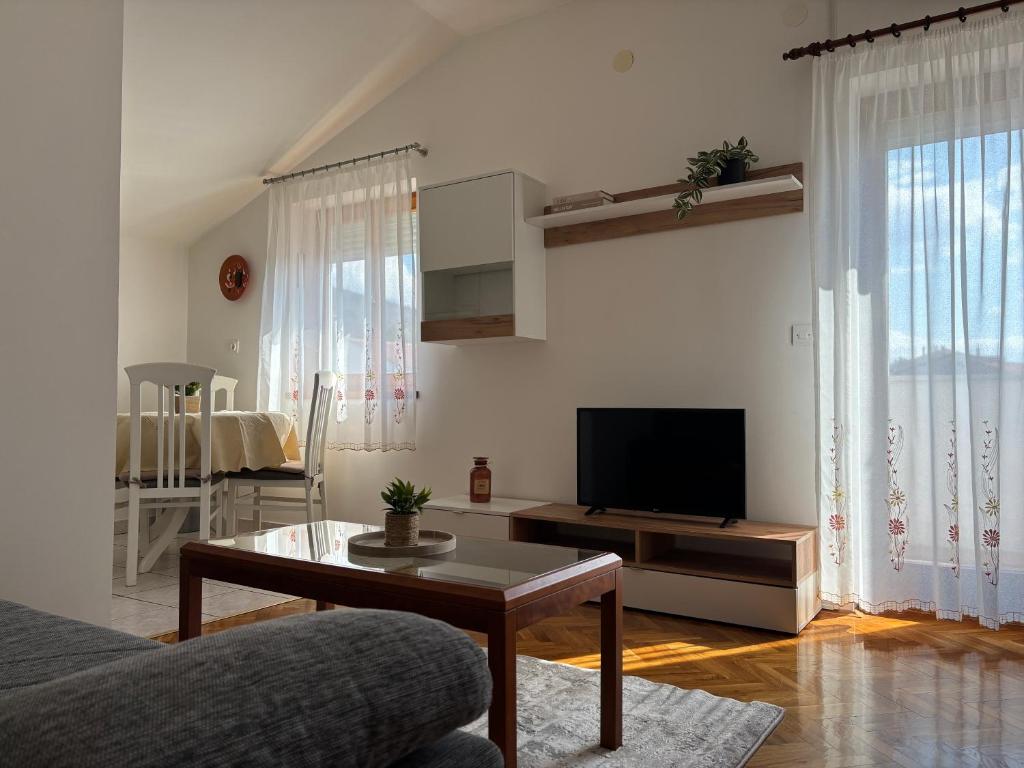 a living room with a couch and a tv at Apartman Karla in Selce