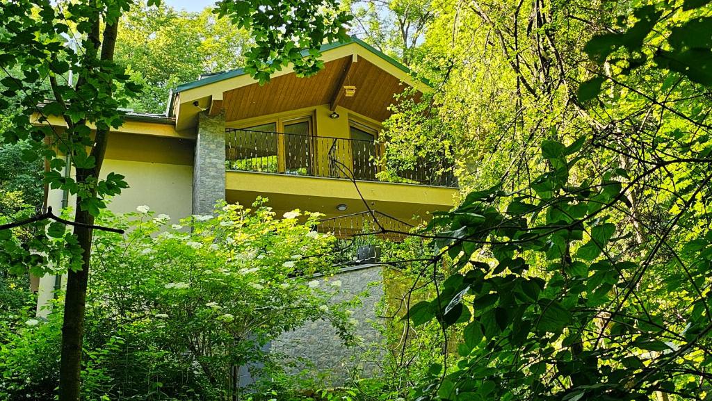 a house with a balcony in the middle of a forest at Chalet Robinson in Modra