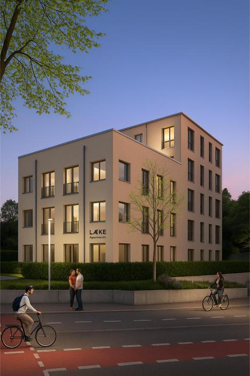 people riding bikes in front of a building at LÆKE Apartments - Lindau am Bodensee in Lindau