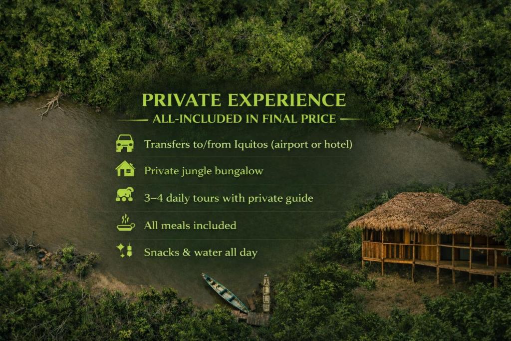 a sign that says private experience all included in final price at Eywa Lodge Amazonas - All inclusive in Yucuruche