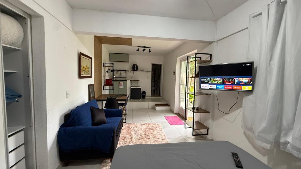 a living room with a blue couch and a tv at Casa da Floresta in Rio de Janeiro