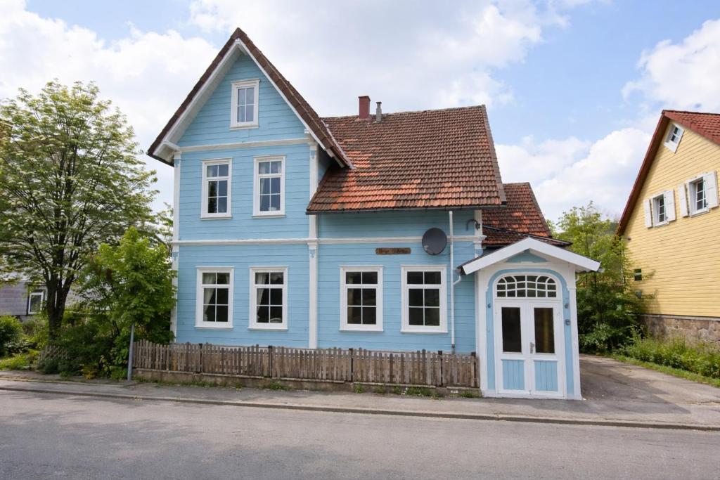 a blue house on the side of a street at Das blaue Haus - Huize Hubertus in Sankt Andreasberg