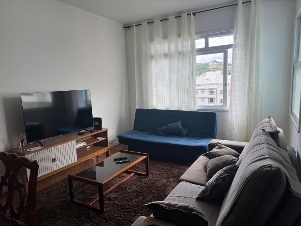 a living room with a couch and a tv at Apartamento alto de Teresópolis in Teresópolis