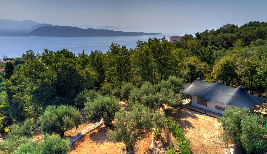 an aerial view of a house with a roof at Amavi Luxury Tent Corfu in Víngla