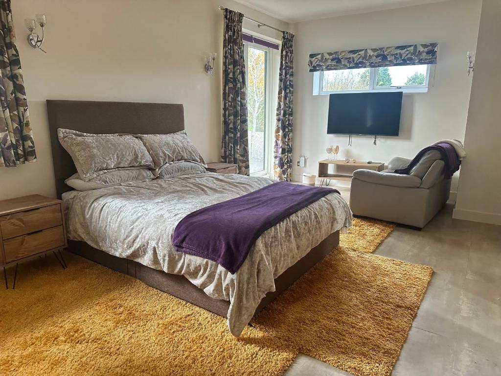 a bedroom with a bed and a couch and a television at Double Ensuite Ground Floor Easy to Cardiff in Cardiff