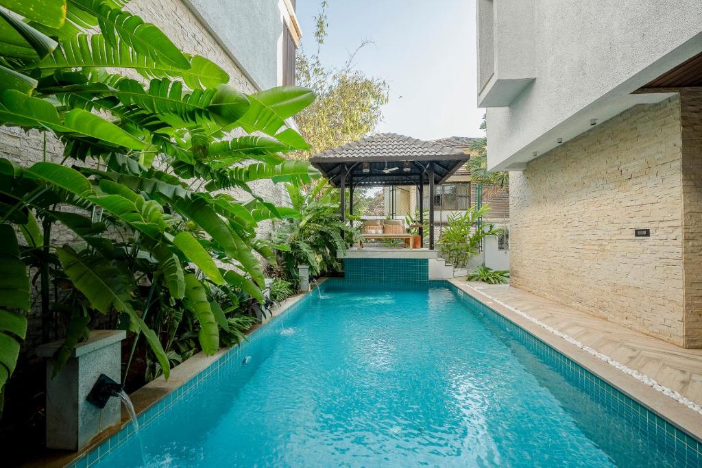 a swimming pool in the middle of a house with plants at Lindsay Manor AkSh Private Pool 4BHK Lift in Arpora