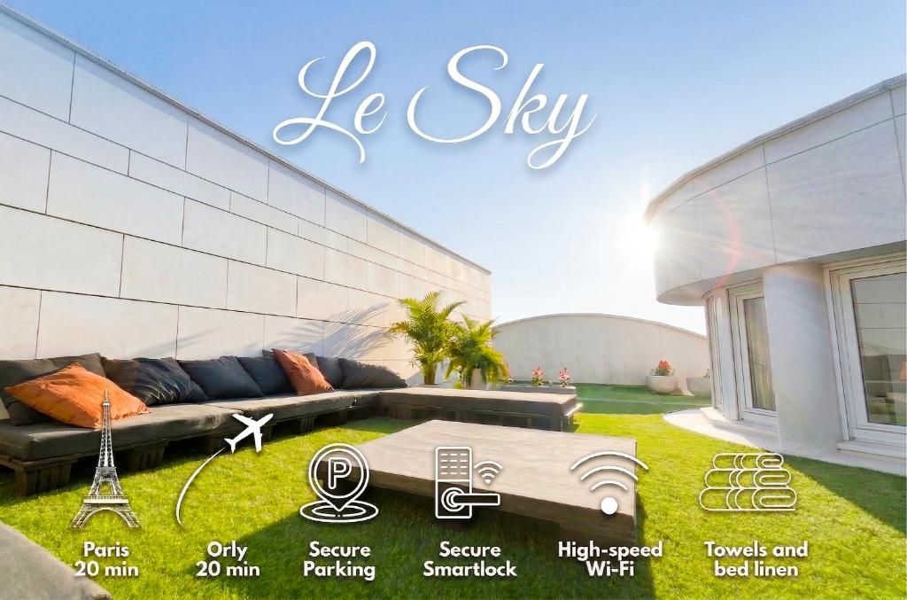 a rendering of a living room with a couch and a table at Le Sky - Penthouse d'Exception avec Vue Panoramique et Terrasse en Plein Cœur d'Orsay Paris-Saclay in Orsay