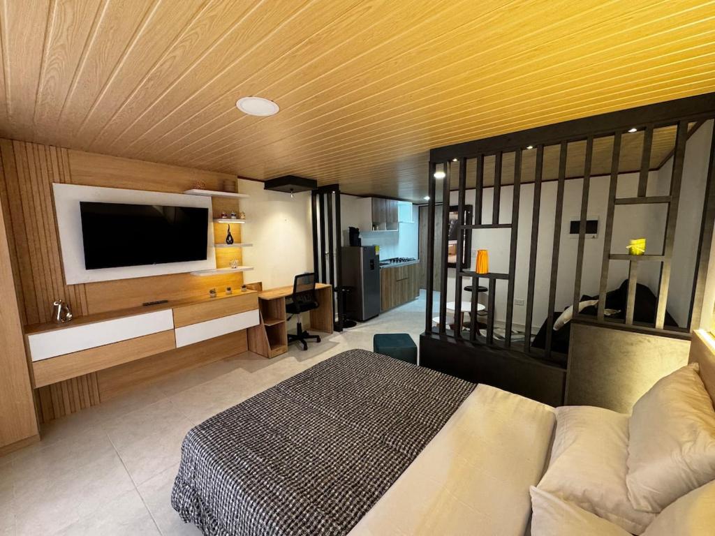 a bedroom with a bed and a tv in a room at Céntrico apto 202 in Tunja