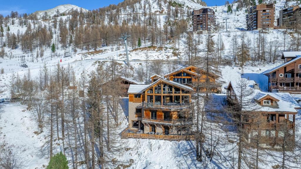 an aerial view of a house in the snow at Chalet Caribou in Isola