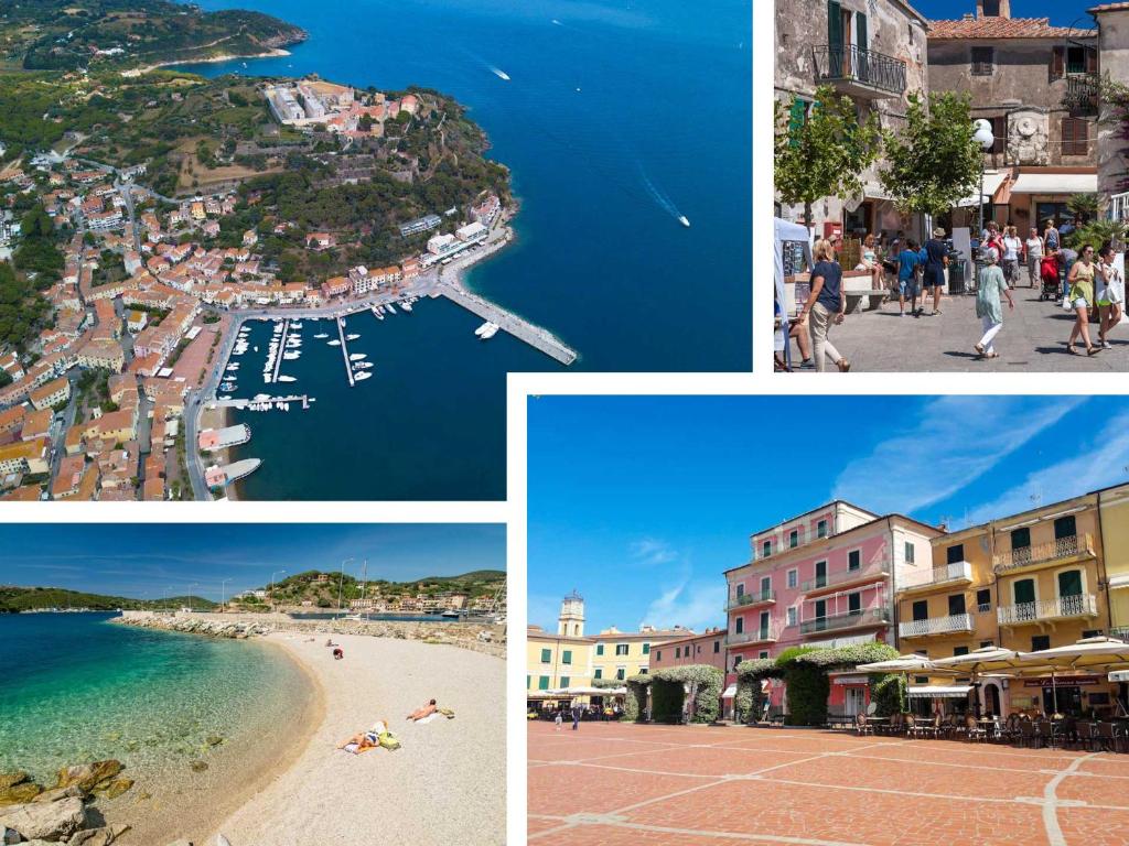 a collage of photos of a city and a beach at Casa Marlù - ArgonautiVacanze in Porto Azzurro