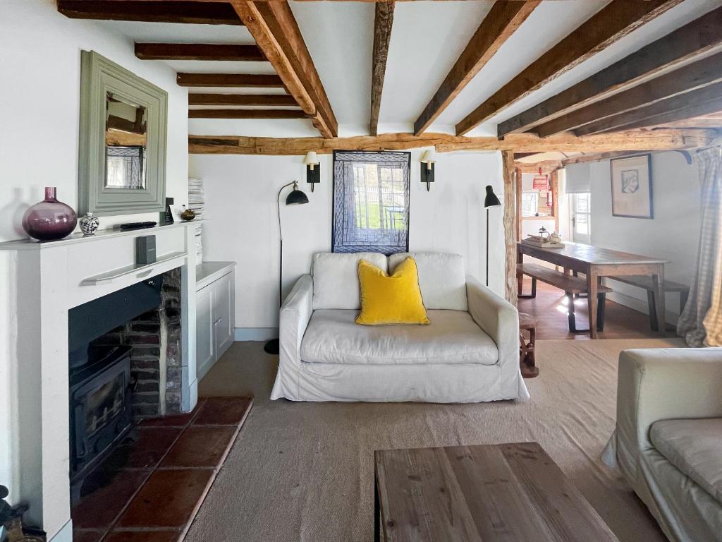 a living room with a couch and a fireplace at Prospect Cottage in Wittersham