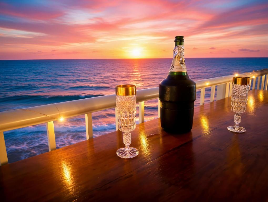 a bottle of wine and two glasses on a table on a balcony at Absolute Beachfront Ocean Balcony Heated Pool in Gold Coast