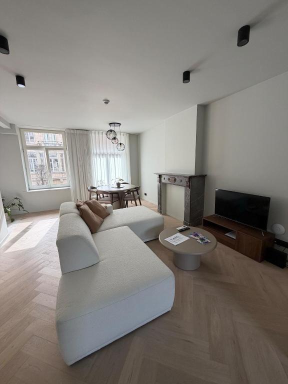 a living room with a couch and a tv at Allies Avenue in Leuven
