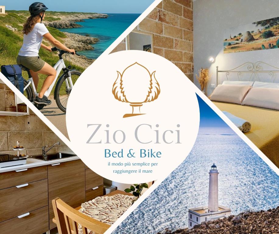 a collage of images of a room with a bed and bike at B&B Zio Cici in Minervino di Lecce