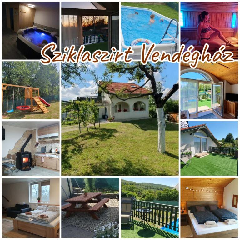 a collage of pictures of a pool and a house at Sziklaszirt - Wellness Vendégház in Salgótarján