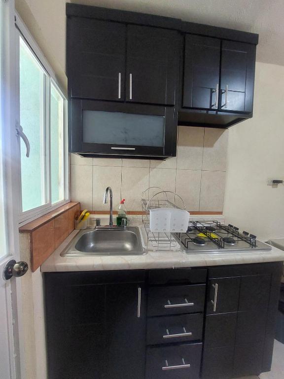 a kitchen with black cabinets and a sink at Casa Verano in Guanajuato