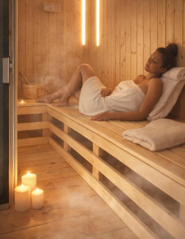a woman laying in a bath tub in a sauna at APARTAMENT MIERZYN Sauna & Jacuzzi in Mierzyn