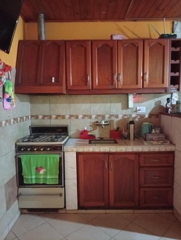 a kitchen with wooden cabinets and a stove top oven at Celina in Chajarí