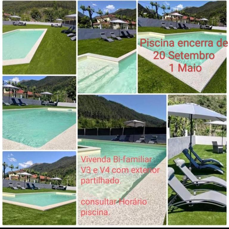 a collage of pictures of a pool and a villa at Casas Manos Névoa in Geres