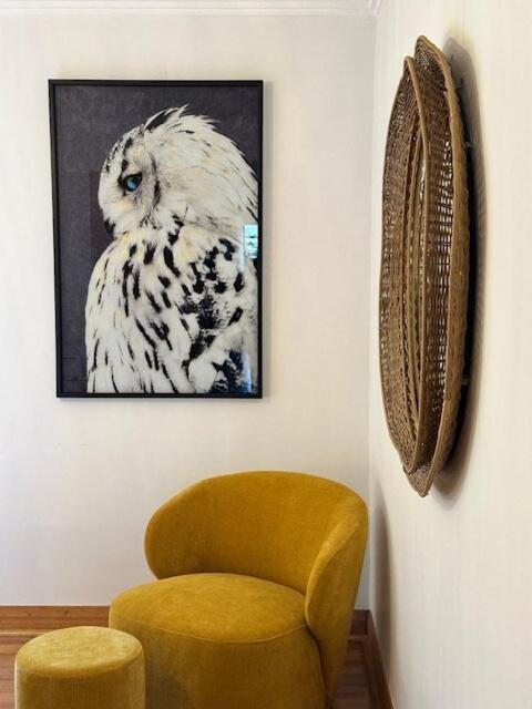 an owl picture on a wall next to a yellow chair at Tarkine Retreat in Penguin